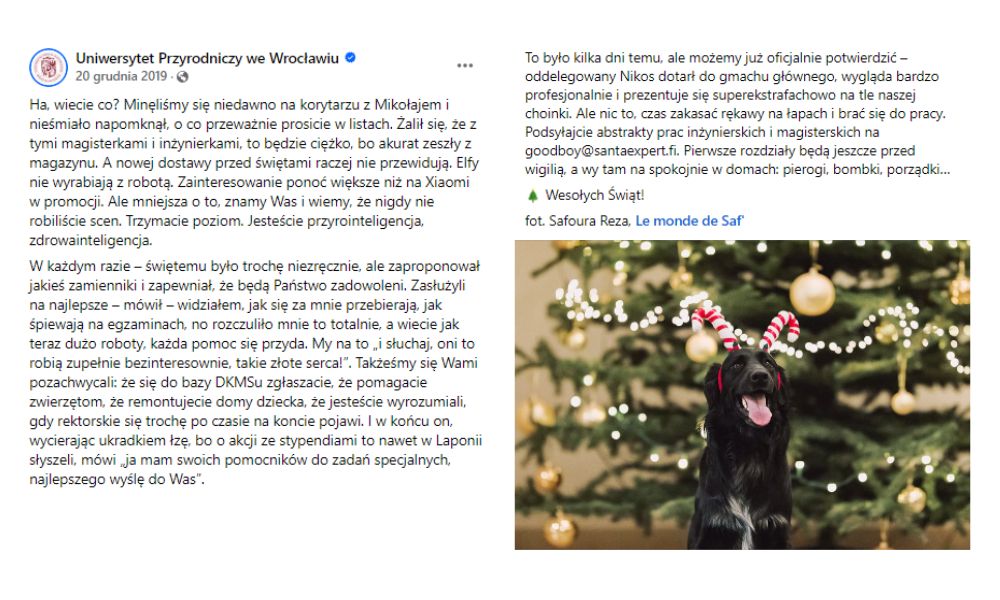 Życzenia świąteczne na profilu uniwersytetu - przykład