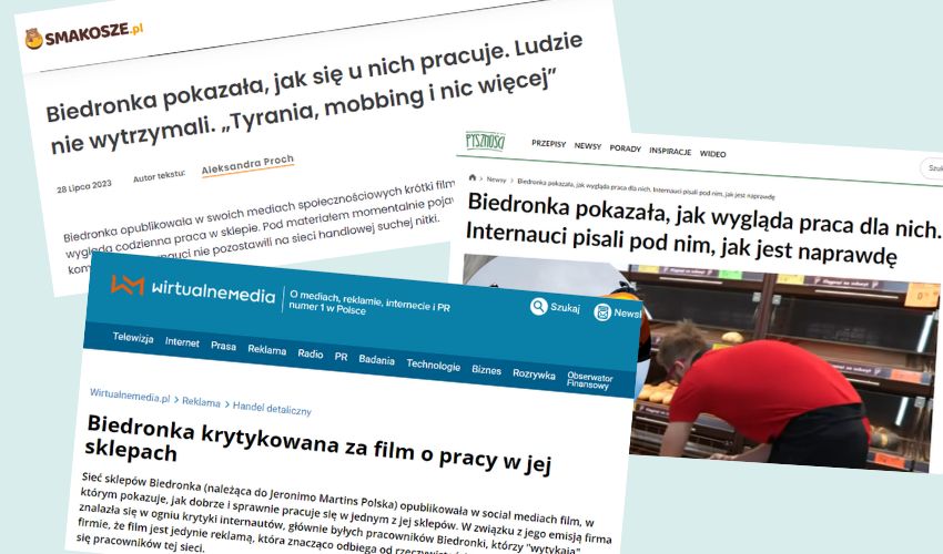 Publikacje medialne dotyczące wpisu na profilu Praca w Biedronce.