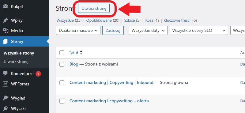 Screen przedstawiający, jak utworzyć nową podstronę na WordPress.