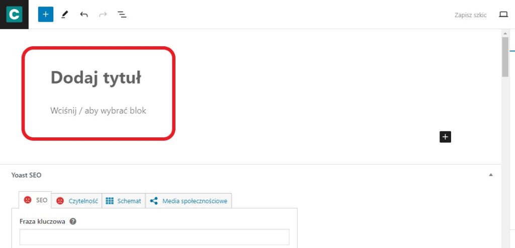 Screen przedstawiający, gdzie dodać tytuł i treść podstrony.