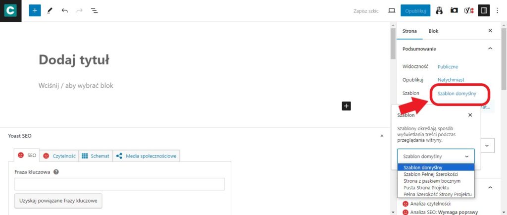 Screen przedstawiający, jak ustawić szablon podstrony na WordPress.