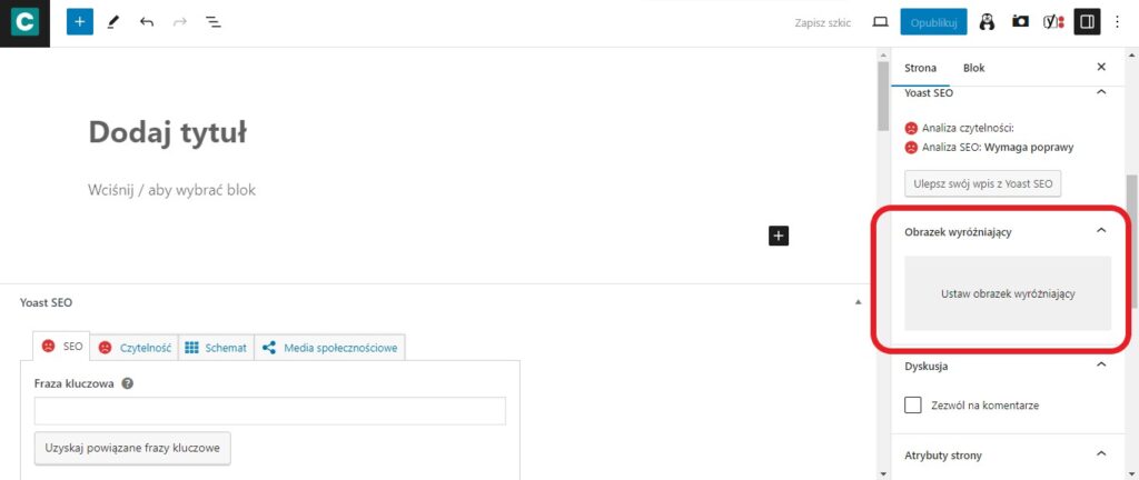 Screen przedstawiający, gdzie ustawić obrazek wyróżniający podstrony na WordPress.