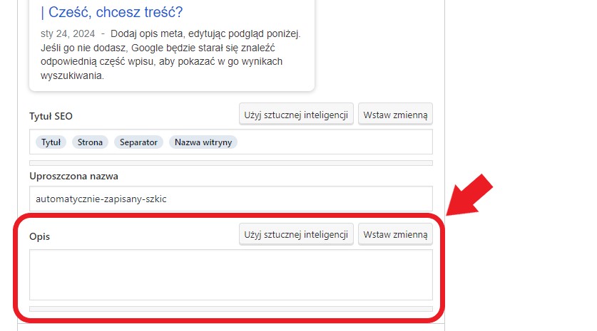 Screen przedstawiający, jak ustawić opis meta podstrony na WordPress.