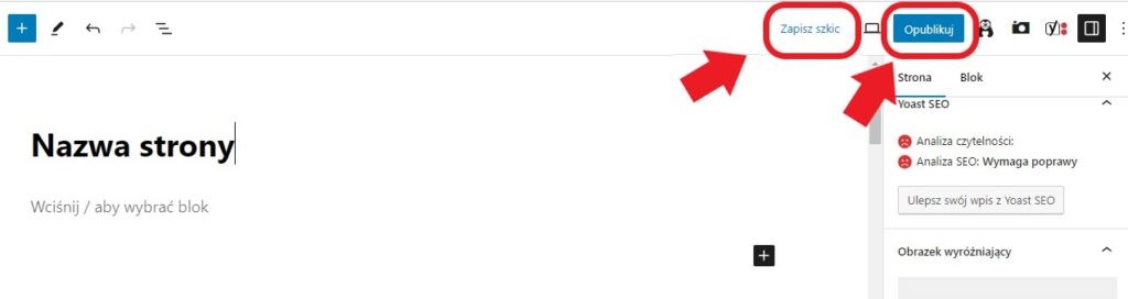 Screen przedstawiający, jak opublikować stronę na WordPress.