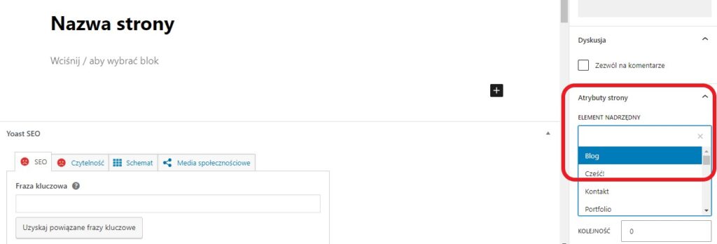 Screen przedstawiający, jak utworzyć stronę nadrzędną na WordPress.
